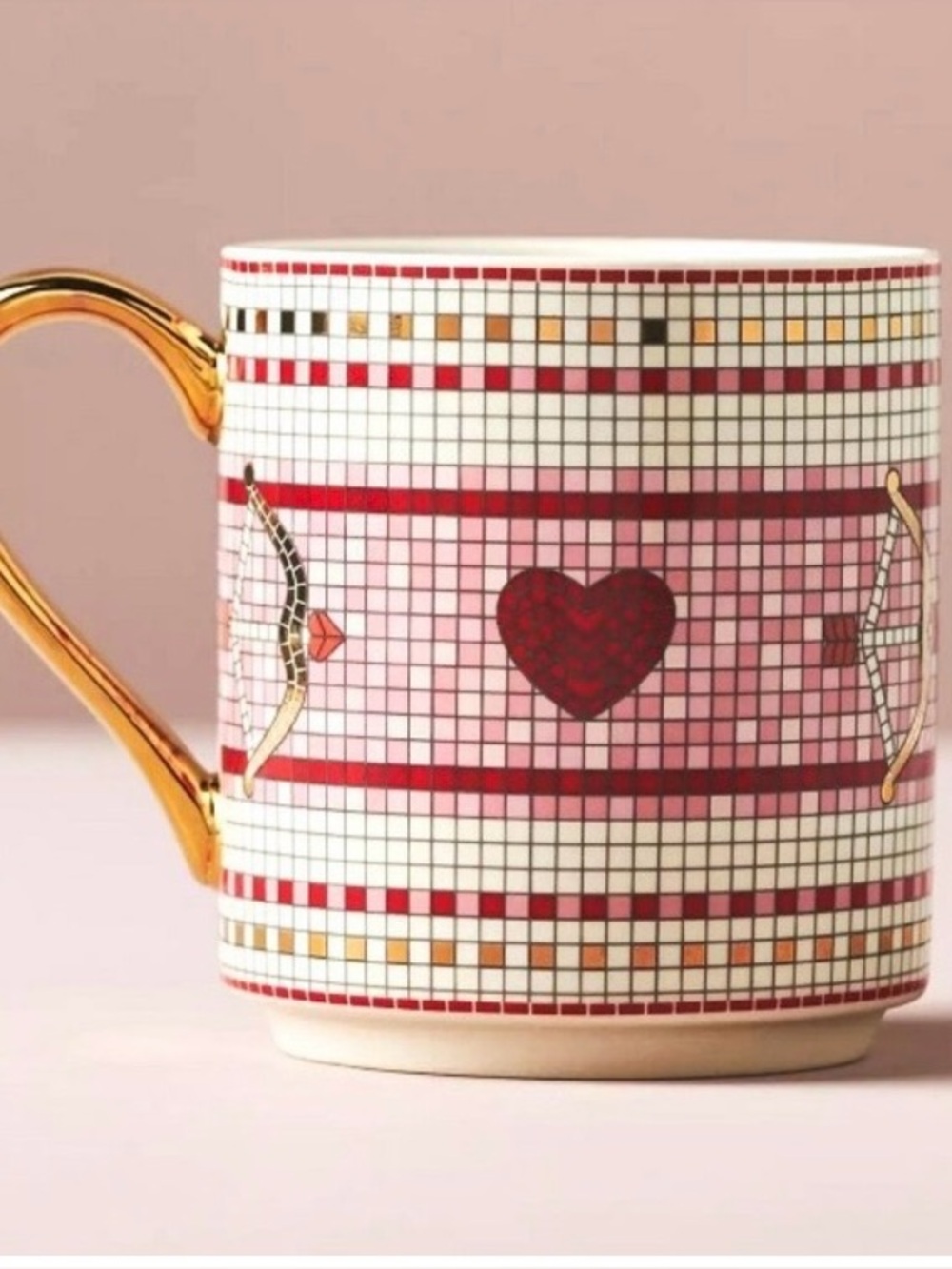 Anthropologie Bistro Tile Heart Mosaic Mug 24K Gold Decaled Glazed Stoneware NIB